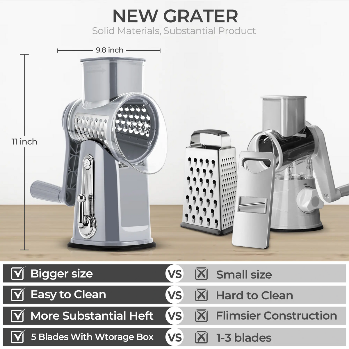Rotary Cheese Grater with 5 Stainless Steel Blades, Vegetable Shredder