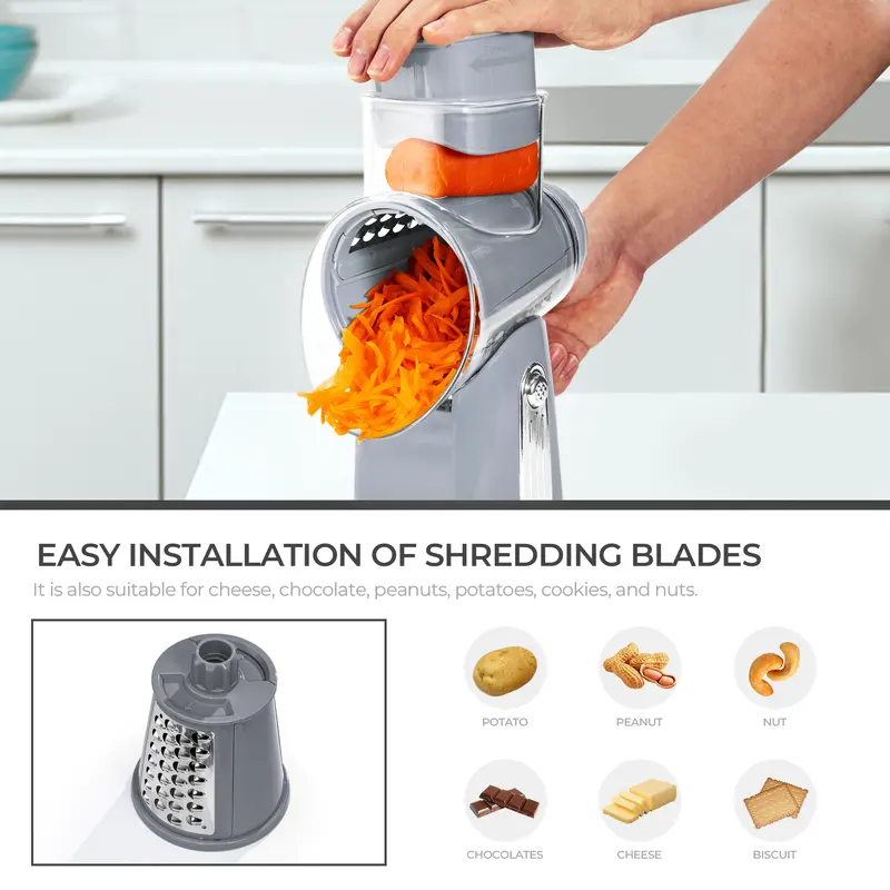 Rotary Cheese Grater with 5 Stainless Steel Blades, Vegetable Shredder