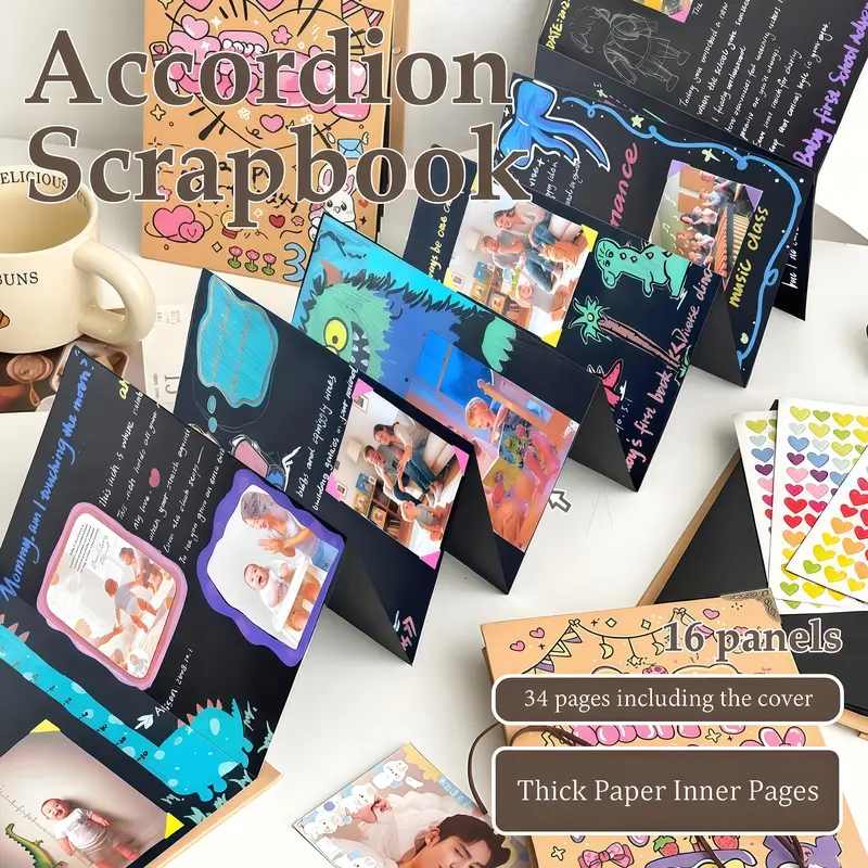 Accordion Foldable Scrapbook Album DIY Craft Kit, Memory Photo Book with Stickers, Markers & Gift Bag