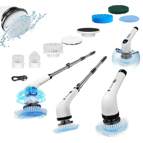 Cordless Electric Spin Scrubber, IPX7 Waterproof Cleaning Brush with 4 Replaceable Heads & 3 Adjustable Extension Handles
