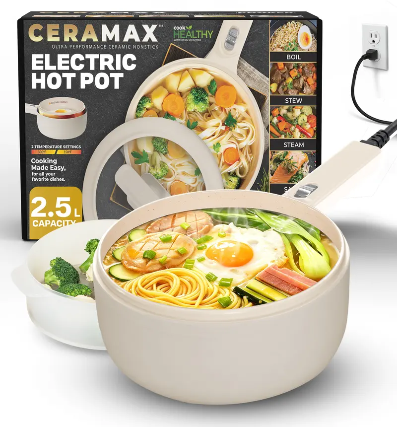 Electric Ceramic Skillet with Lid & Steamer, Nonstick Multi-Function Hot Pot for Cooking