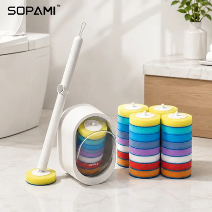 Disposable Toilet Scrubber Brush Kit – No-Touch Rotating Handle with 32 Refill Heads, Self-Cleaning Pads & Holder