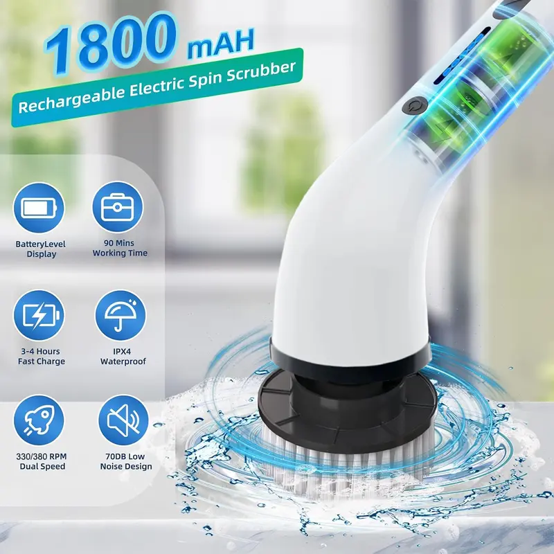 Cordless Electric Spin Scrubber, IPX7 Waterproof Cleaning Brush with 4 Replaceable Heads & 3 Adjustable Extension Handles